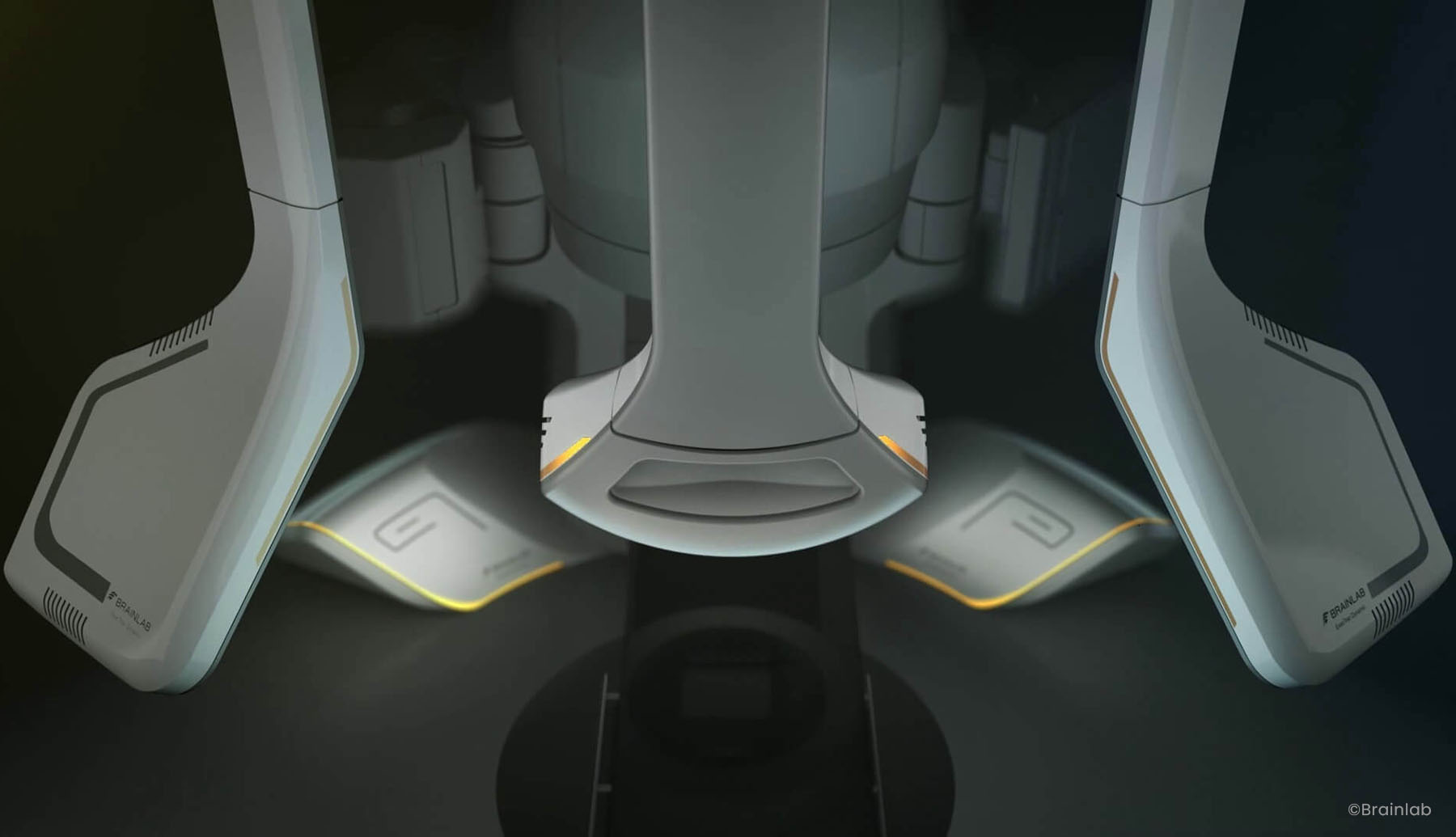 Moody shot of the Brianlab Exactrac Dynamic System highlighting the medical design