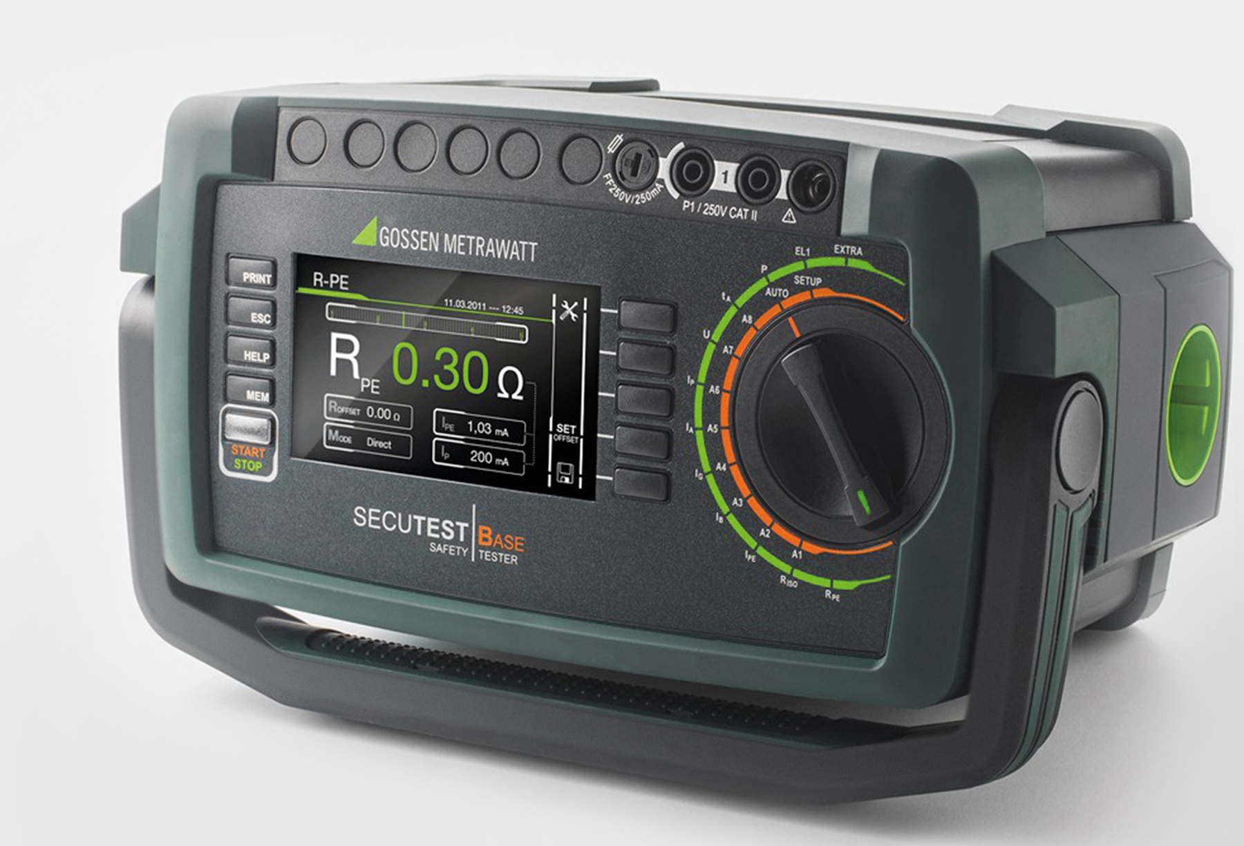 Gossen Metrawatt Secutest Safety Tester from the Front showing the robust industrial design and easy to understand Interface Design