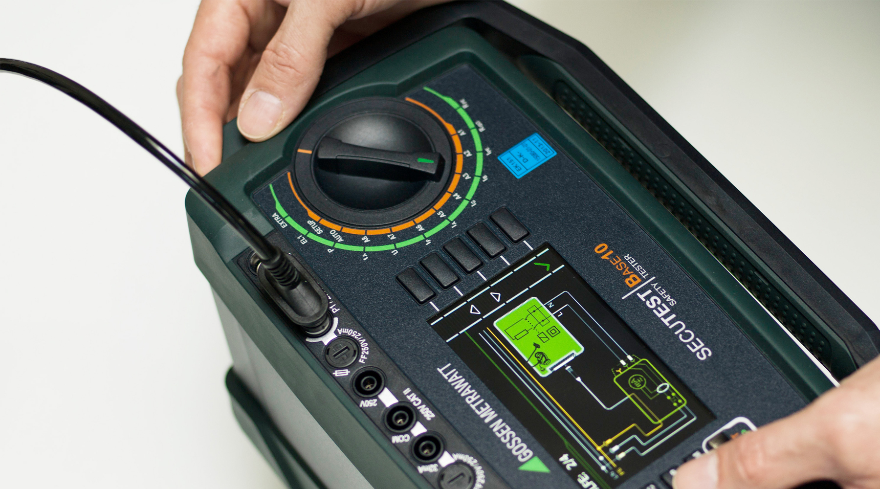 Gossen Metrawatt Secutest Safety Tester in use showing the easy to understand Interface Design