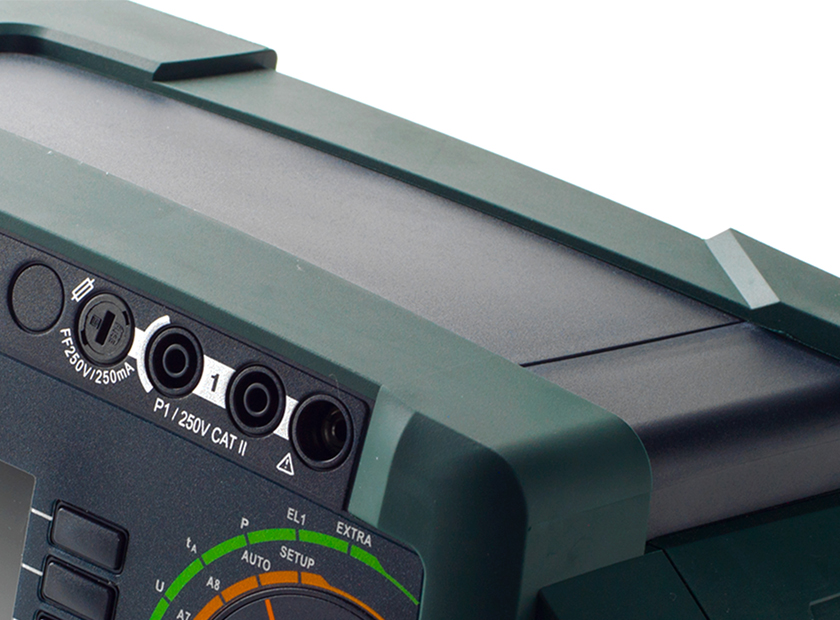 Measurement Port detail of the Gossen Metrawatt Secutest Safety Tester showing the detailed Graphic design
