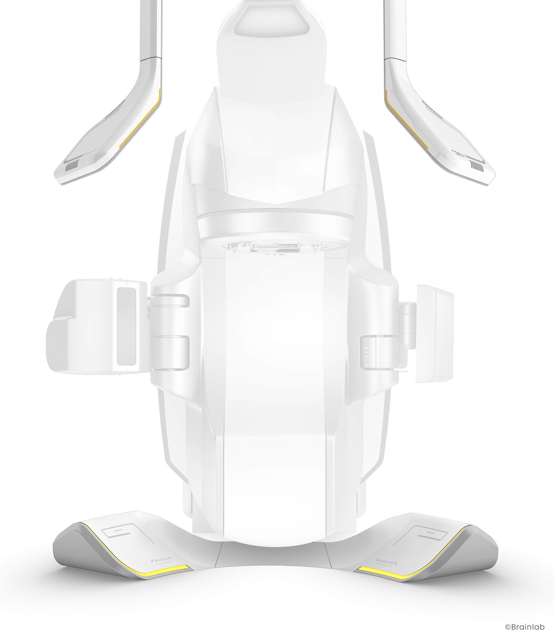 Overview of the components of the Brainlab ExacTrac Dynamic with floor and ceiling units showing the versatile medical design