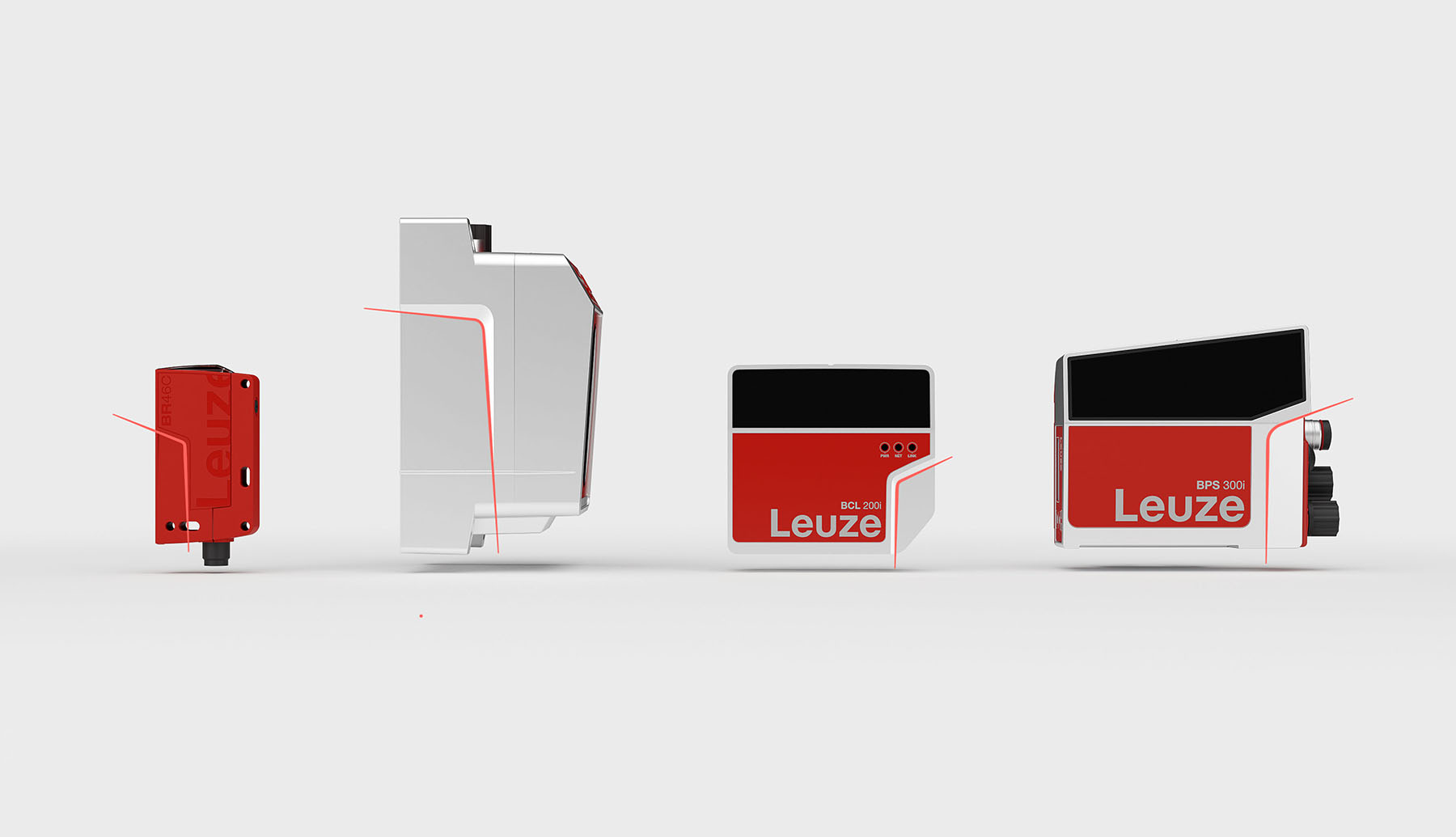 Four different Leuze Products highlighting a body contour essential to the Corporate Industrial Design
