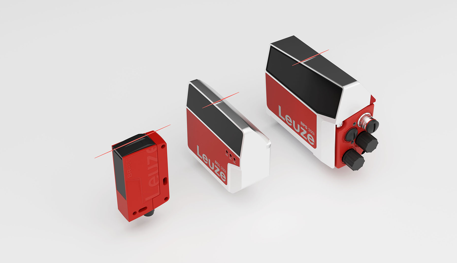 Three different Leuze Products highlighting a Notch essential to the Corporate Industrial Design