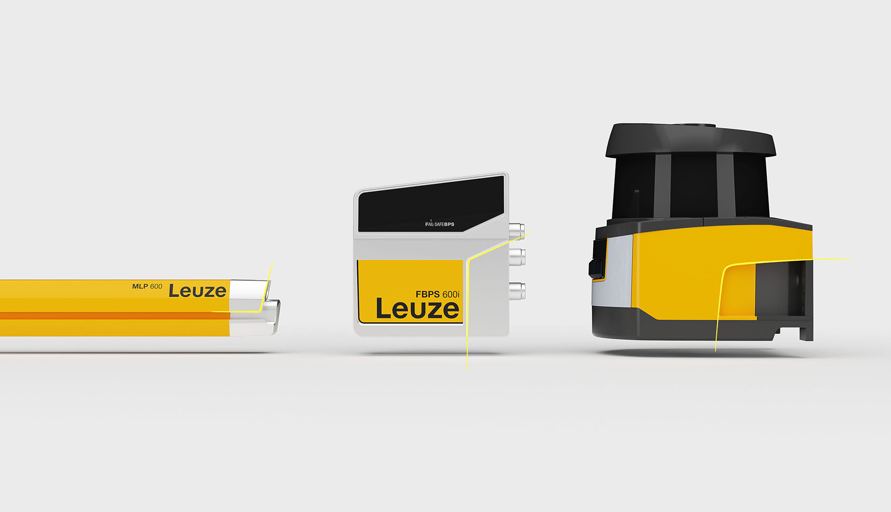 Three different Leuze Safety Products highlighting a body contour essential to the Corporate Industrial Design