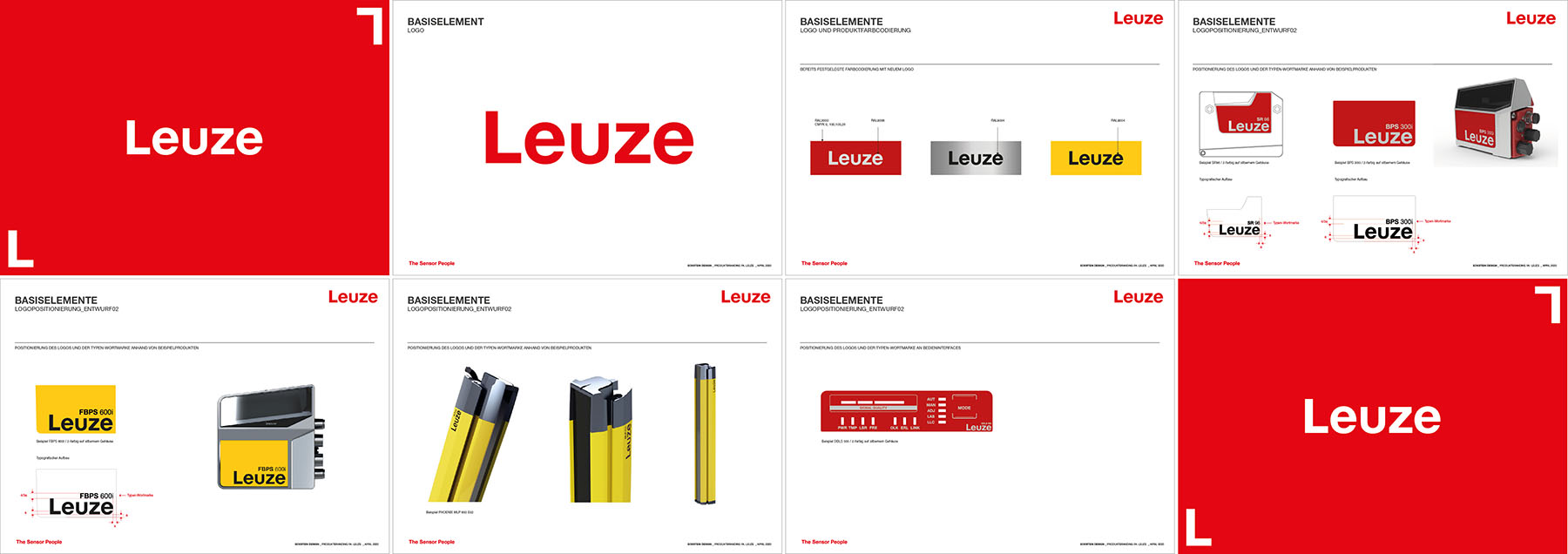 multiple pages of the Leuze Corporate Industrial design guide detailing key design features of the product identity