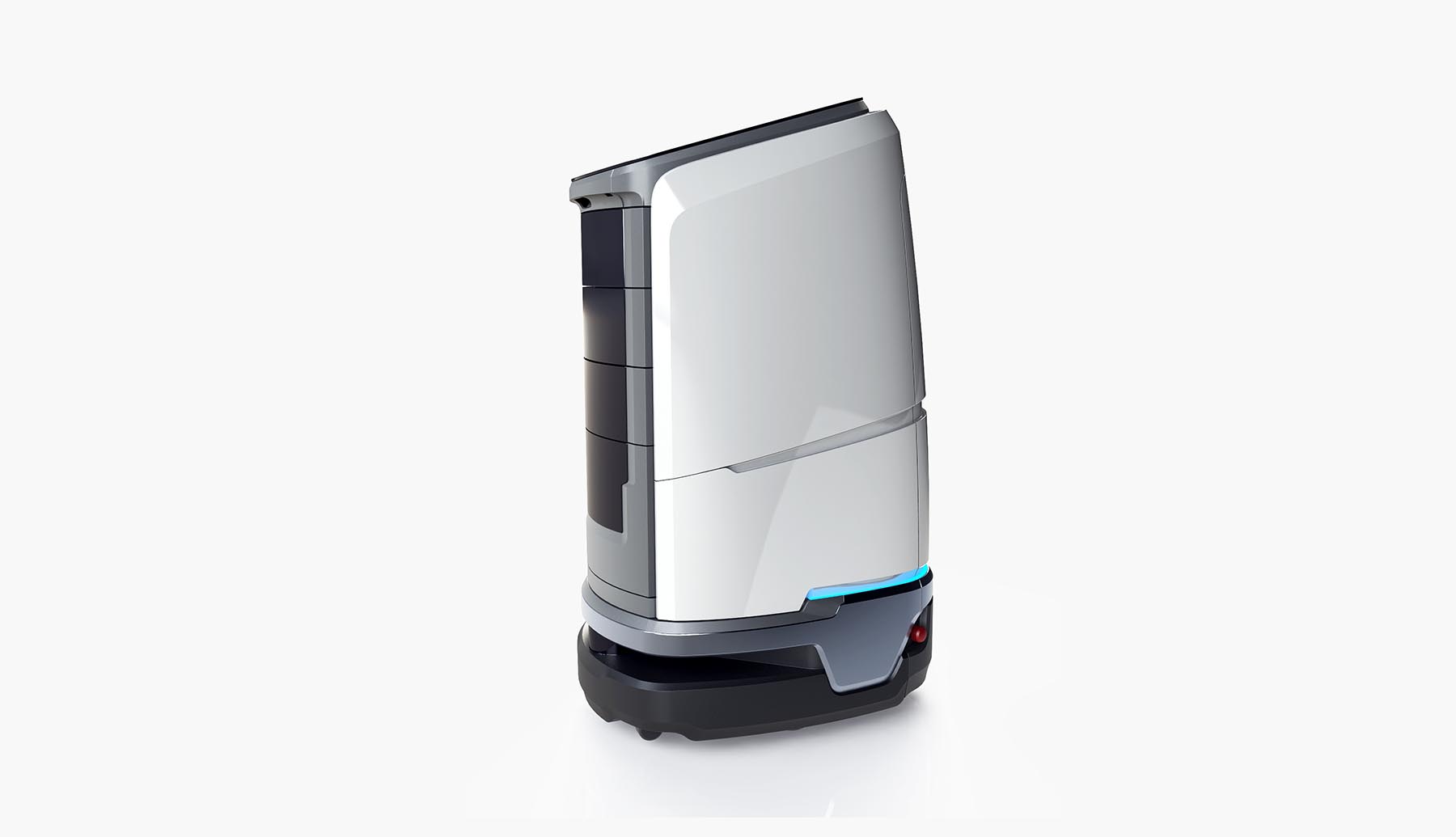 three quarter view if the Jeeves service Robot with its clean minimal Industrial design