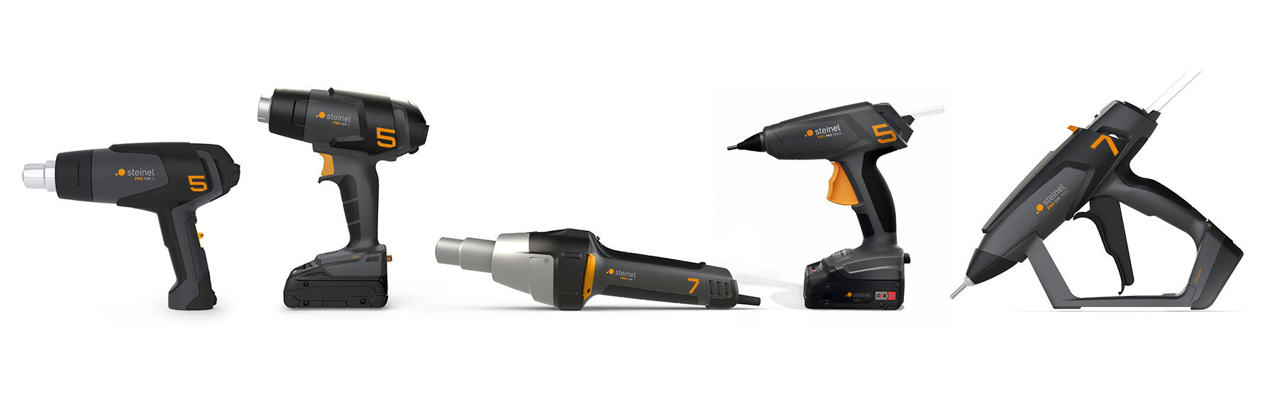 Five Steinel hot air and hot glue Products highlighting the consistent Industrial Corporate Design within the product family