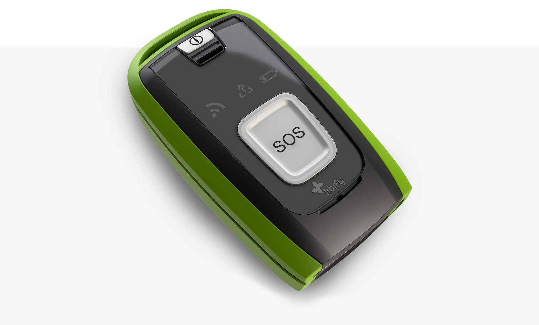 Libify mobile Emergency Call System from the front showing the black and green Industrial Design
