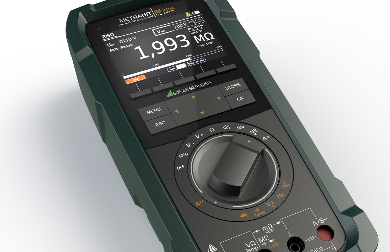 Gossen Metrawatt Metrahit IM Extra Multimeter from top showing the robust Industrial Design and the clean and well structured User interface Design