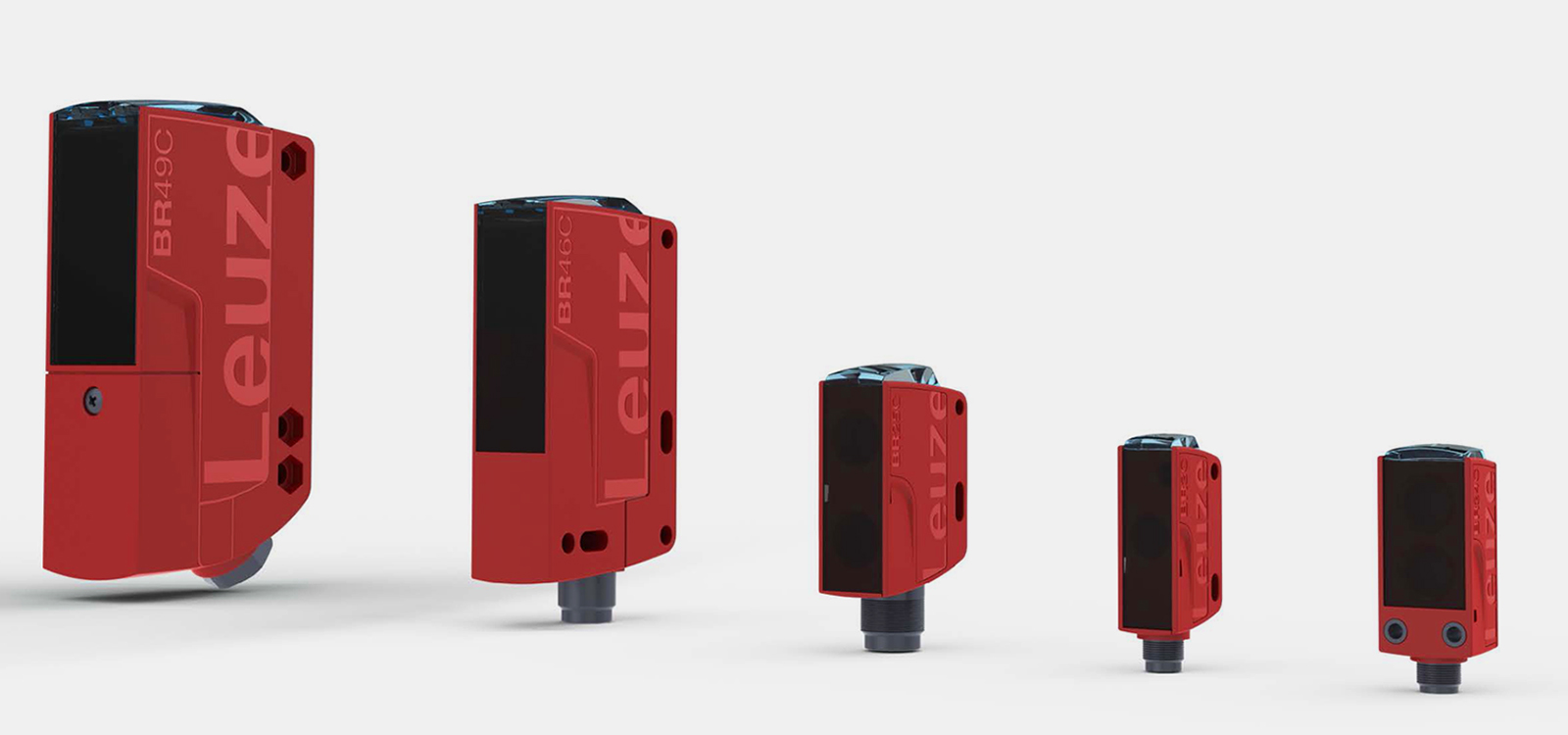 Family overview of five Leuze Light barriers showing the consistent Corporate Product design