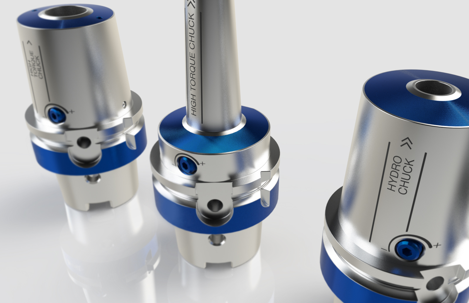 three different clamping chucks with blue details and easy to understand graphic design