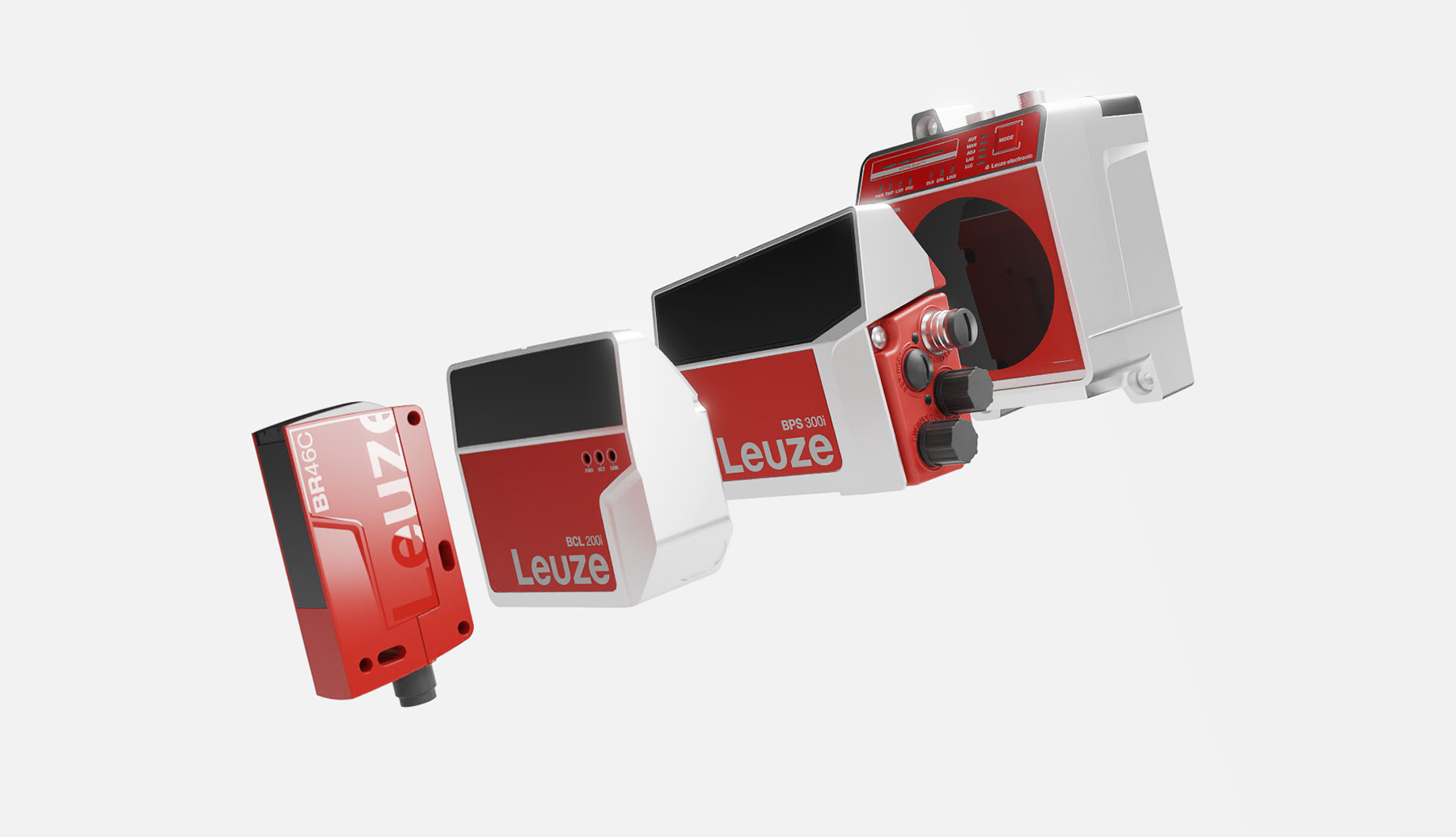 Four different Leuze Products giving an overview of the Corporate Industrial Design