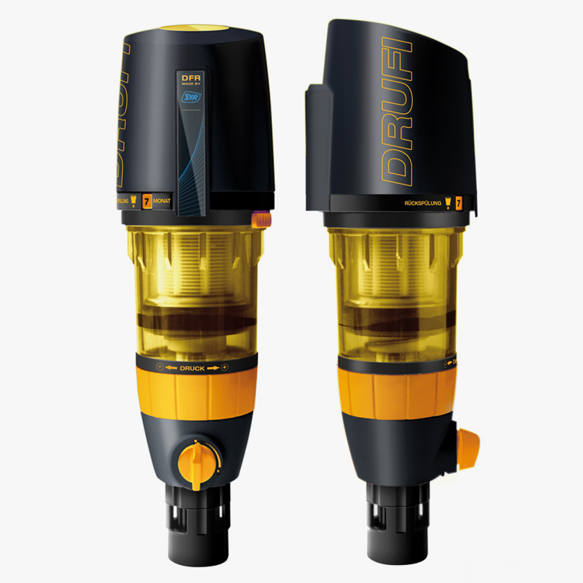 Syr Drufi backwash filter with bright yellow accents