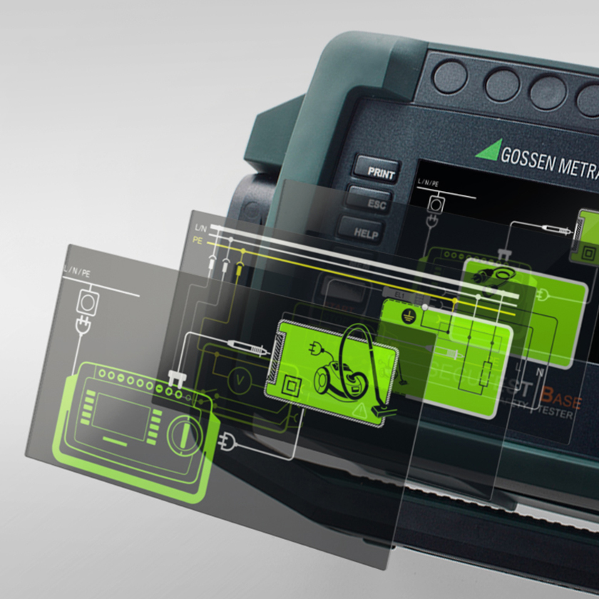 4 Different interfaces of the Gossen Metrawatt Secutest sowing the constant Interface Design