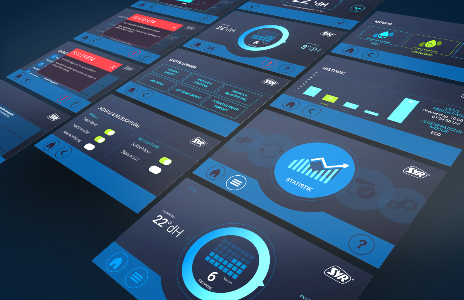 Multiple screens of the UI/UX design for the Syr NeoSoft water softener