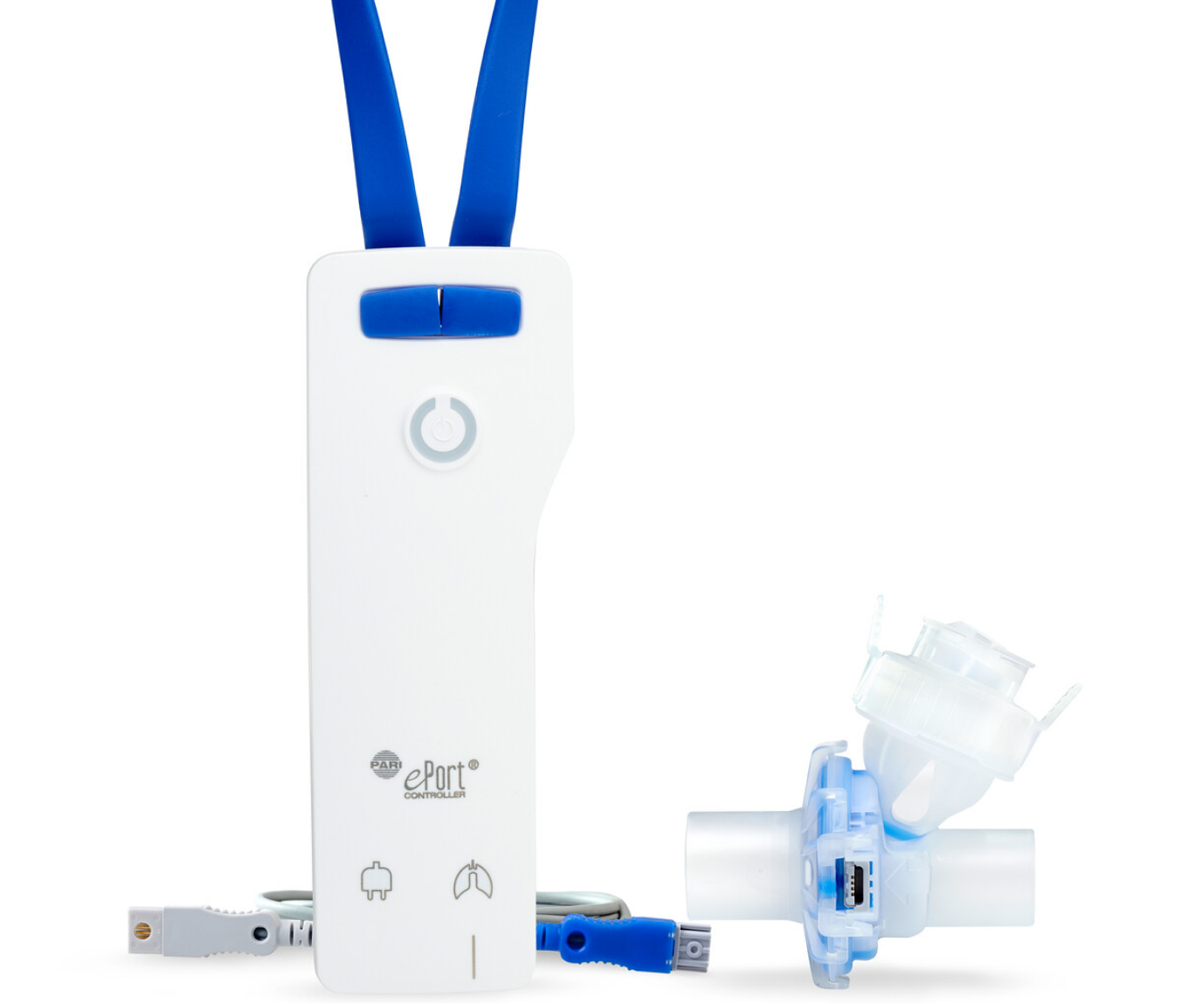 Pari Port fron the front swing the clean medical design with white housing and blue silicon band