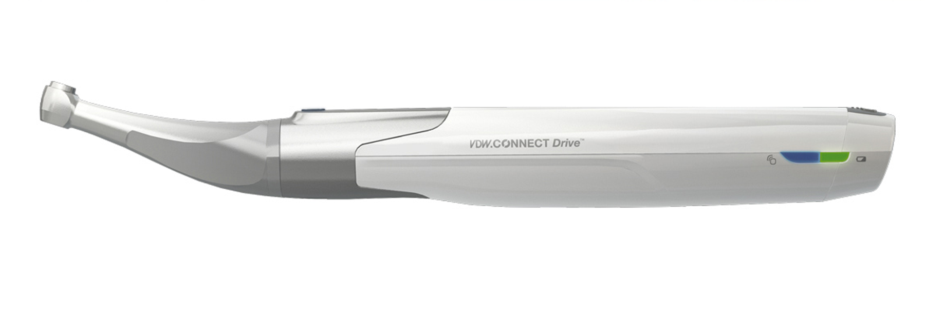 Side view of the VDW Connect Endo Motor showing the white plastic rear well integrated with the metal front through great design