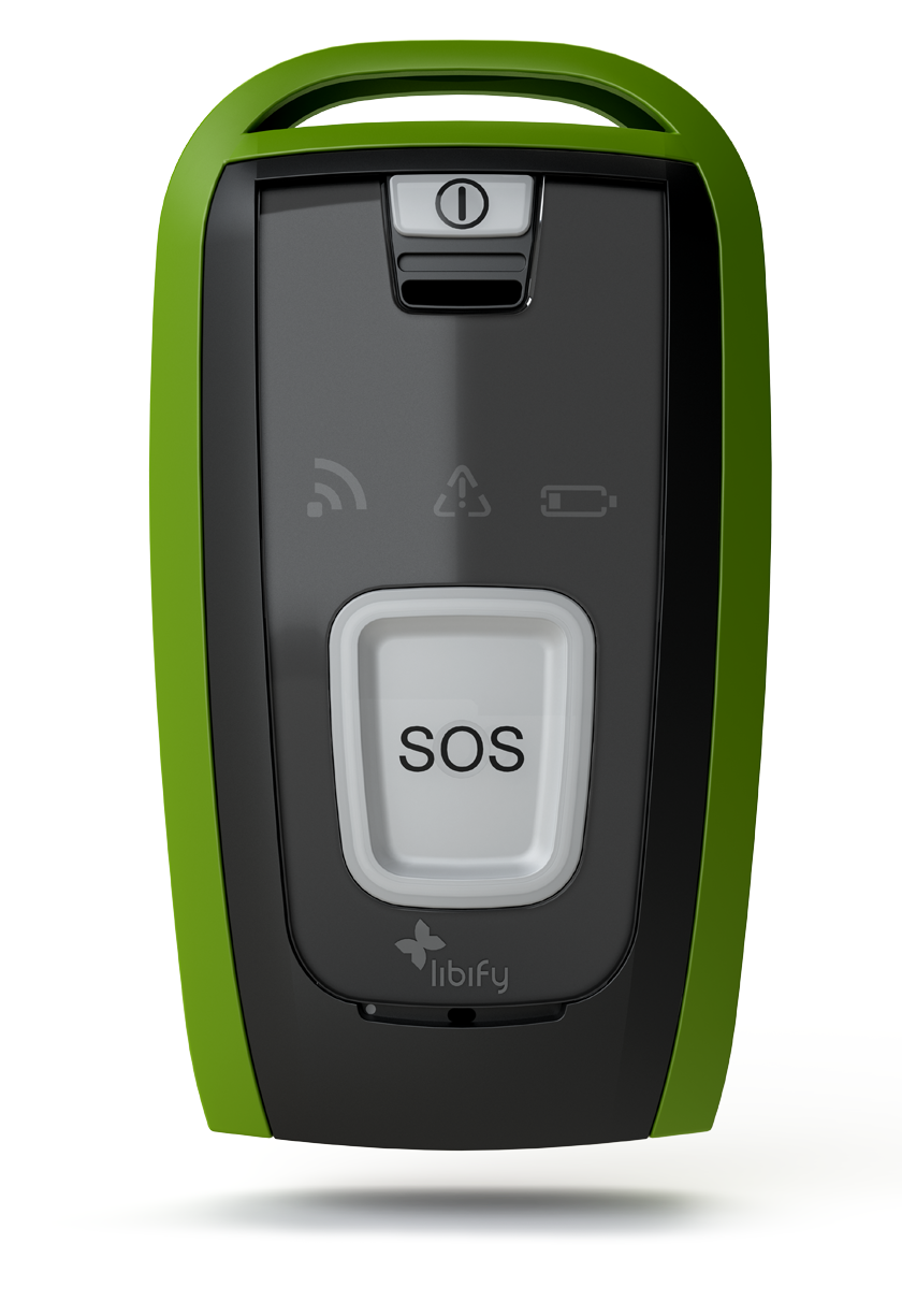 Libify mobile Emergency Call System from the front showing the black and green Industrial Design
