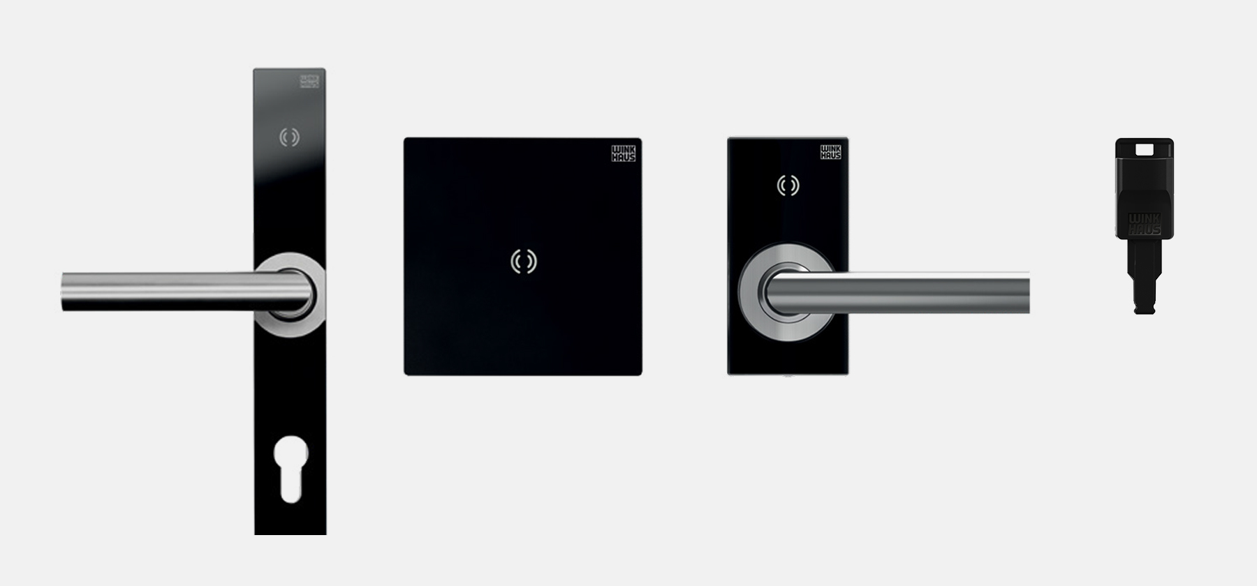 Overview of the Winkhaus Blue Evo Family showing the Product Design of multiple doof fittings and the key from the front