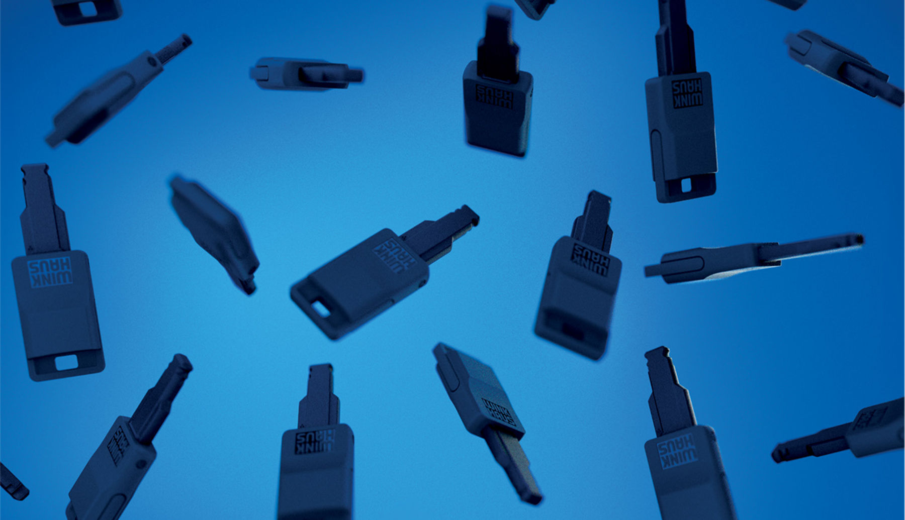 multiple Winkhaus blueEvo keys fyling on blue background showing off the Industrial design from all sides